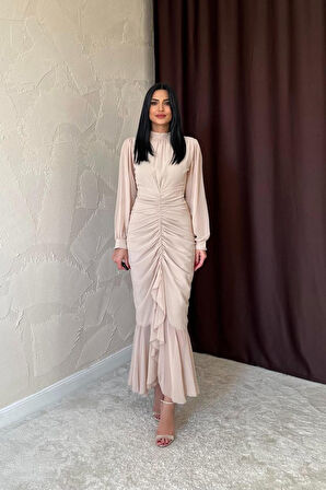 leyla sanat sanata yeni bir bakış açısı Bej Önü Büzgülü Şifon Elbise