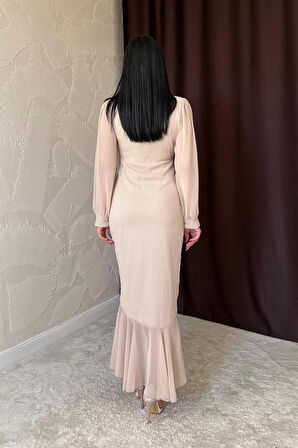 leyla sanat sanata yeni bir bakış açısı Bej Önü Büzgülü Şifon Elbise