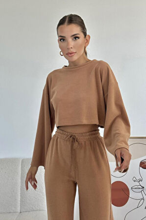 leyla sanat sanata yeni bir bakış açısı Camel Fitilli Bluz Ve Pantolon Takım
