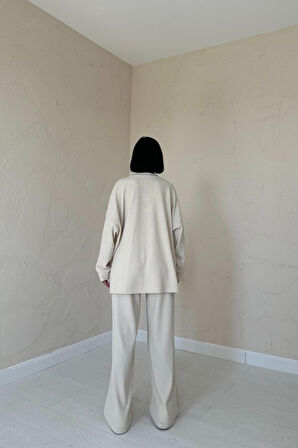 leyla sanat sanata yeni bir bakış açısı Bej Klasik Fitilli Kazak Ve Pantolon Takım