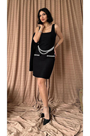 leyla sanat sanata yeni bir bakış açısı Siyah İnci Şeritli Ceket Ve Elbise Takım