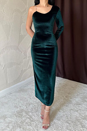 leyla sanat sanata yeni bir bakış açısı Zümrüt Tek Omuzlu Taş Askılı Elbise