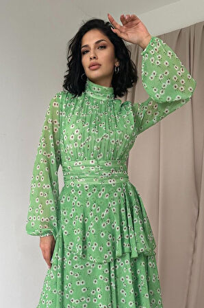 leyla sanat sanata yeni bir bakış açısı Yeşil Bel Detaylı Elbise