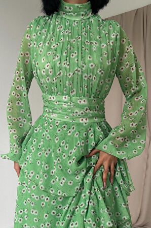 leyla sanat sanata yeni bir bakış açısı Yeşil Bel Detaylı Elbise