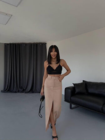 leyla sanat sanata yeni bir bakış açısı GABARDİN UZUN ÖNDEN YIRTMAÇLI ETEK - Kahverengi