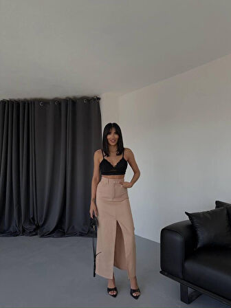 leyla sanat sanata yeni bir bakış açısı GABARDİN UZUN ÖNDEN YIRTMAÇLI ETEK - Kahverengi