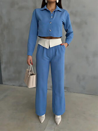 leyla sanat sanata yeni bir bakış açısı KETEN GÖMLEK-CROP-SALAŞ PANTOLON TAKIM - Mavi