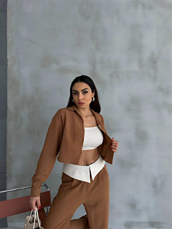 leyla sanat sanata yeni bir bakış açısı KETEN GÖMLEK-CROP-SALAŞ PANTOLON TAKIM - Kahverengi
