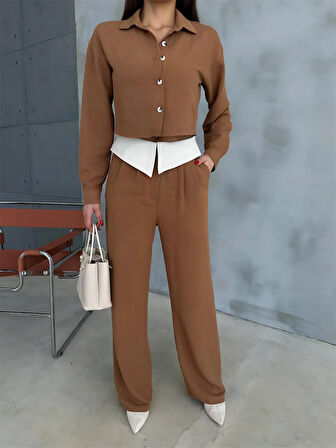 leyla sanat sanata yeni bir bakış açısı KETEN GÖMLEK-CROP-SALAŞ PANTOLON TAKIM - Kahverengi