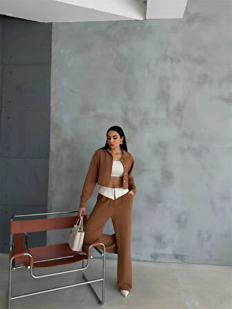 leyla sanat sanata yeni bir bakış açısı KETEN GÖMLEK-CROP-SALAŞ PANTOLON TAKIM - Kahverengi