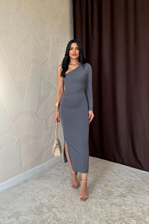 leyla sanat sanata yeni bir bakış açısı Gri Büzgü Detaylı Tek Omuz Elbise