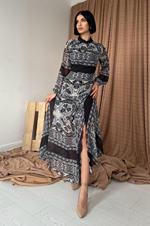 leyla sanat sanata yeni bir bakış açısı Siyah Reglan Kol Parçalı Baskılı Elbise