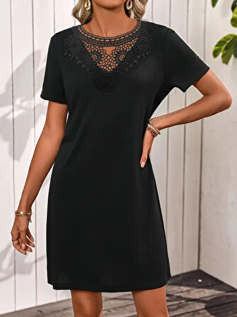 leyla sanat sanata yeni bir bakış açısı Kadın Kısa Kollu Dantel Yakalı Kısa Viskon Elbise