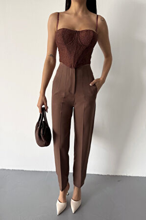 leyla sanat sanata yeni bir bakış açısı PANTOLON PENSLİ ATLAS KUMAŞ - Kahverengi