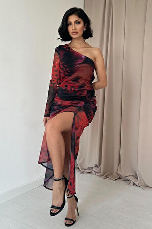 leyla sanat sanata yeni bir bakış açısı Kırmızı Tek Omuzlu Tül Elbise
