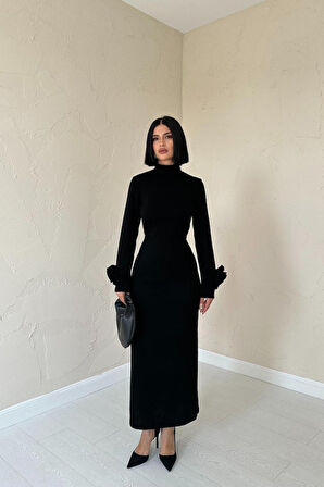 leyla sanat sanata yeni bir bakış açısı Siyah Kolları Güllü Triko Elbise