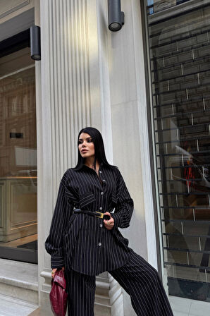 leyla sanat sanata yeni bir bakış açısı ÇİZGİLİ ARKA TASARIM  DETAYLI  GÖMLEK-PANTOLON TK - Siyah