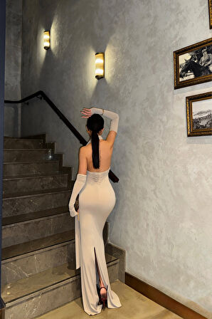 leyla sanat sanata yeni bir bakış açısı BOYUNDAN  BAĞLAMA DETAYLI ELDİVEN KOL SANDY ELBİSE - Bej