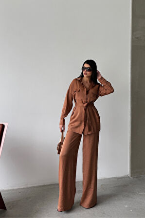 leyla sanat sanata yeni bir bakış açısı SİMLİ KUMAŞ SALAŞ PANTOLON - GÖMLEK TAKIM - Kahverengi