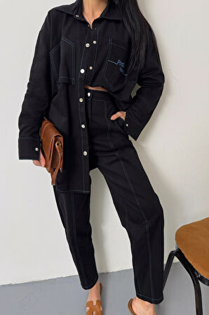 leyla sanat sanata yeni bir bakış açısı DENİM PUNTOLU GÖMLEK-PANTOLON TAKIM - Mavi