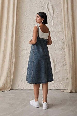 leyla sanat sanata yeni bir bakış açısı Mavi Askı Aparatlı Kot Elbise