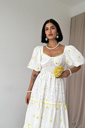 leyla sanat sanata yeni bir bakış açısı Sarı Dantel Detaylı Brode Elbise