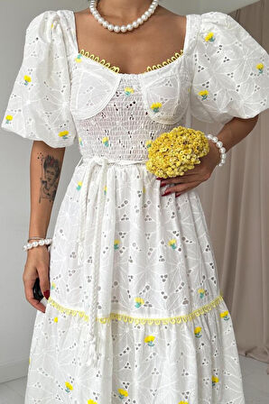 leyla sanat sanata yeni bir bakış açısı Sarı Dantel Detaylı Brode Elbise