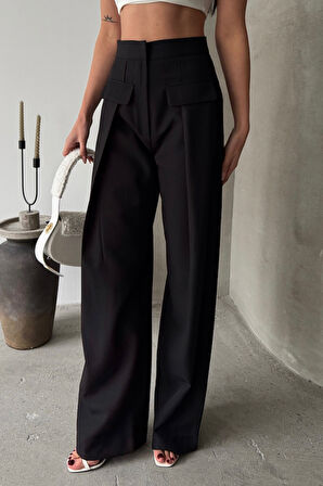 leyla sanat sanata yeni bir bakış açısı KAPALI GENİŞ PİLE CEP KAPAK DETAYLI PANTOLON - Siyah