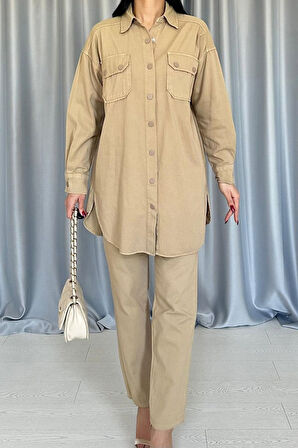 leyla sanat sanata yeni bir bakış açısı Camel Yıkamalı Gömlek Ve Pantolon Takım