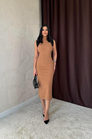 leyla sanat sanata yeni bir bakış açısı Kahverengi Biyeli Triko Elbise