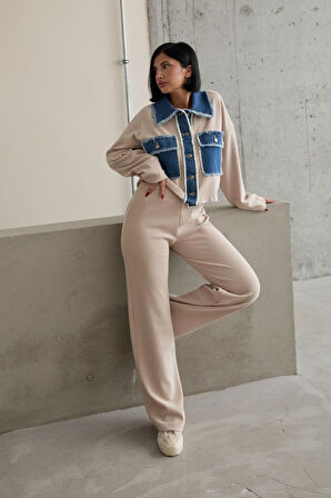 leyla sanat sanata yeni bir bakış açısı Bej Denim Garnili Gömlek Ve Pantolon Takım