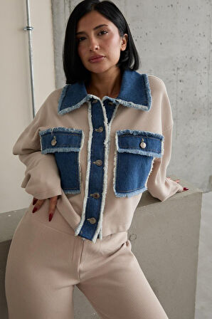 leyla sanat sanata yeni bir bakış açısı Bej Denim Garnili Gömlek Ve Pantolon Takım