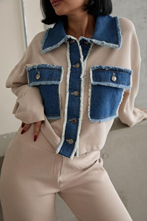 leyla sanat sanata yeni bir bakış açısı Bej Denim Garnili Gömlek Ve Pantolon Takım