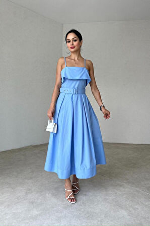 leyla sanat sanata yeni bir bakış açısı Mavi Beli Kemerli Pileli Elbise