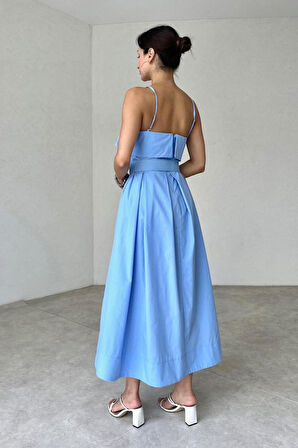 leyla sanat sanata yeni bir bakış açısı Mavi Beli Kemerli Pileli Elbise