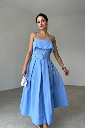 leyla sanat sanata yeni bir bakış açısı Mavi Beli Kemerli Pileli Elbise