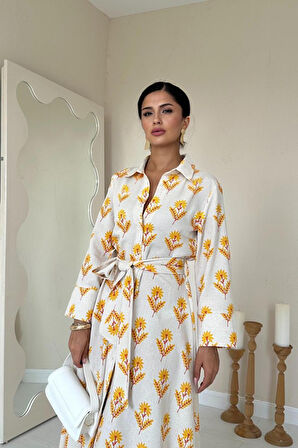 leyla sanat sanata yeni bir bakış açısı Bej Desenli Ve Önü Düğmeli Keten Elbise