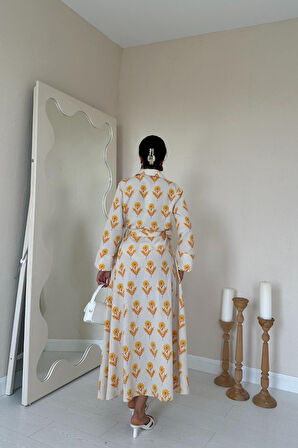 leyla sanat sanata yeni bir bakış açısı Bej Desenli Ve Önü Düğmeli Keten Elbise