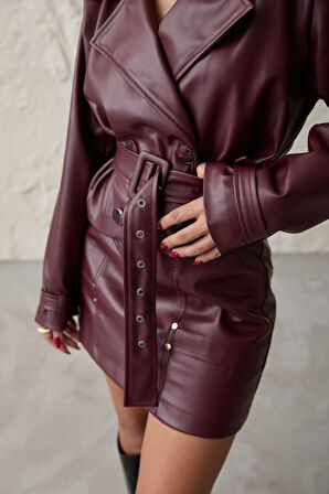 leyla sanat sanata yeni bir bakış açısı Bordo Kemerli Mini Deri Etek