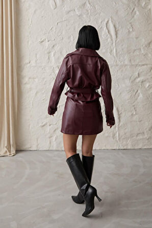 leyla sanat sanata yeni bir bakış açısı Bordo Kemerli Mini Deri Etek