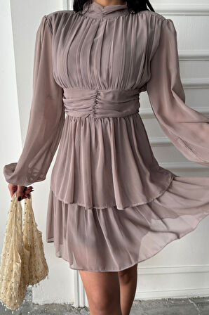 leyla sanat sanata yeni bir bakış açısı ŞİFON KATLI UZUN KOL ELBİSE - Vizon