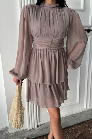 leyla sanat sanata yeni bir bakış açısı ŞİFON KATLI UZUN KOL ELBİSE - Vizon