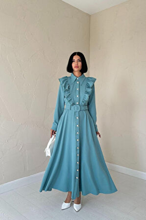 leyla sanat sanata yeni bir bakış açısı Mint Fırfırlı Dantelli Elbise