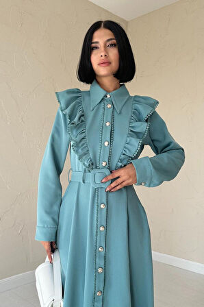 leyla sanat sanata yeni bir bakış açısı Mint Fırfırlı Dantelli Elbise