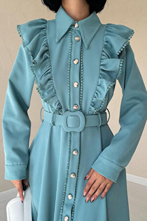 leyla sanat sanata yeni bir bakış açısı Mint Fırfırlı Dantelli Elbise