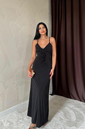 leyla sanat sanata yeni bir bakış açısı Siyah Büzgülü Uzun Güllü Elbise