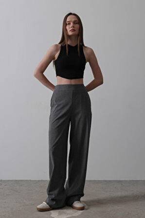 leyla sanat sanata yeni bir bakış açısı Beli Yarım Lastikli Palazzo Pantolon - Antrasit