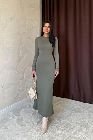 leyla sanat sanata yeni bir bakış açısı Haki Vücudu Saran Uzun Elbise