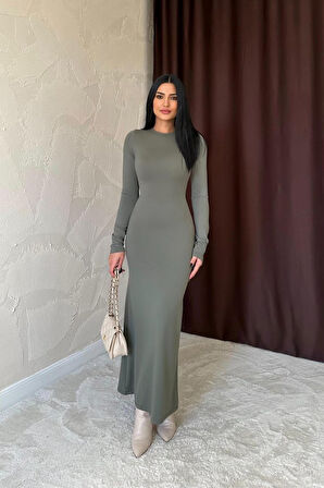 leyla sanat sanata yeni bir bakış açısı Haki Vücudu Saran Uzun Elbise