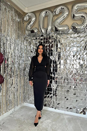leyla sanat sanata yeni bir bakış açısı Siyah Kolları Şifon Arka Bel Detaylı Elbise